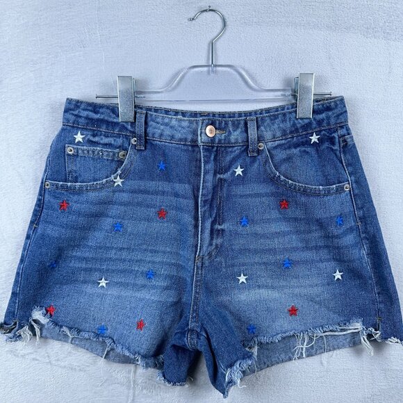 No Boundaries Cut Off Shorts Stars Embroidered High Rise Denim Blue Women SZ 11 - Picture 1 of 9